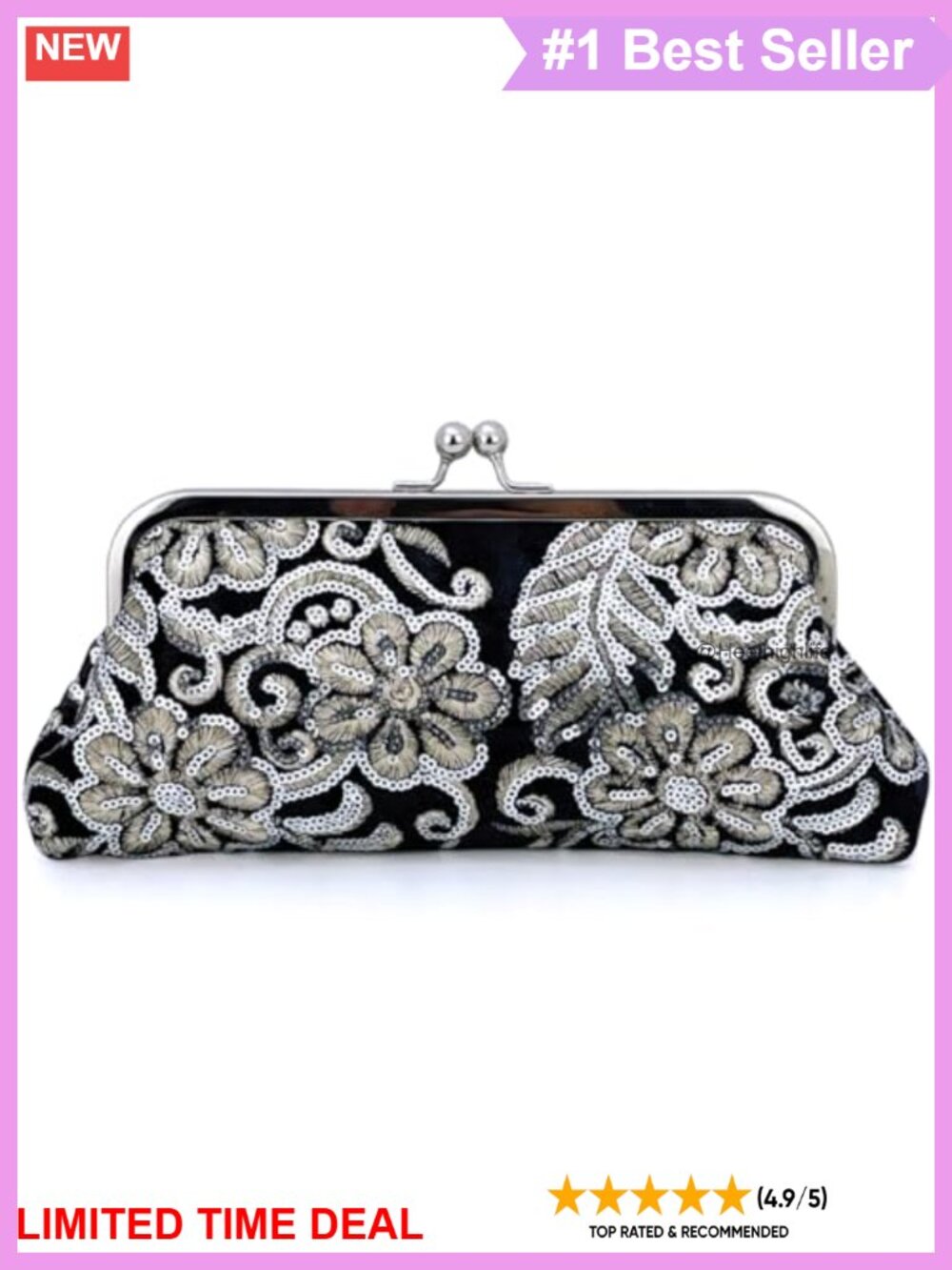 Velvet Sequin Clutch Kiss Lock Evening Bag Floral Embroidery Chain Strap
